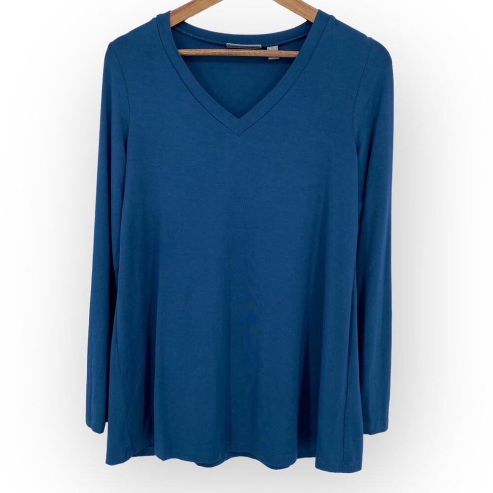 NWOT SUSAN GRAVER Spa Knit V Neck Long Sleeve A Line Tunic Rustic Navy Size XS
